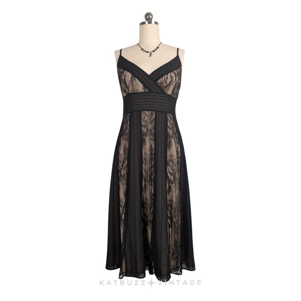 Lace Midi Dress 12 Black Tan Y2K Babydoll Illusion Glam Classic Guest Cocktail